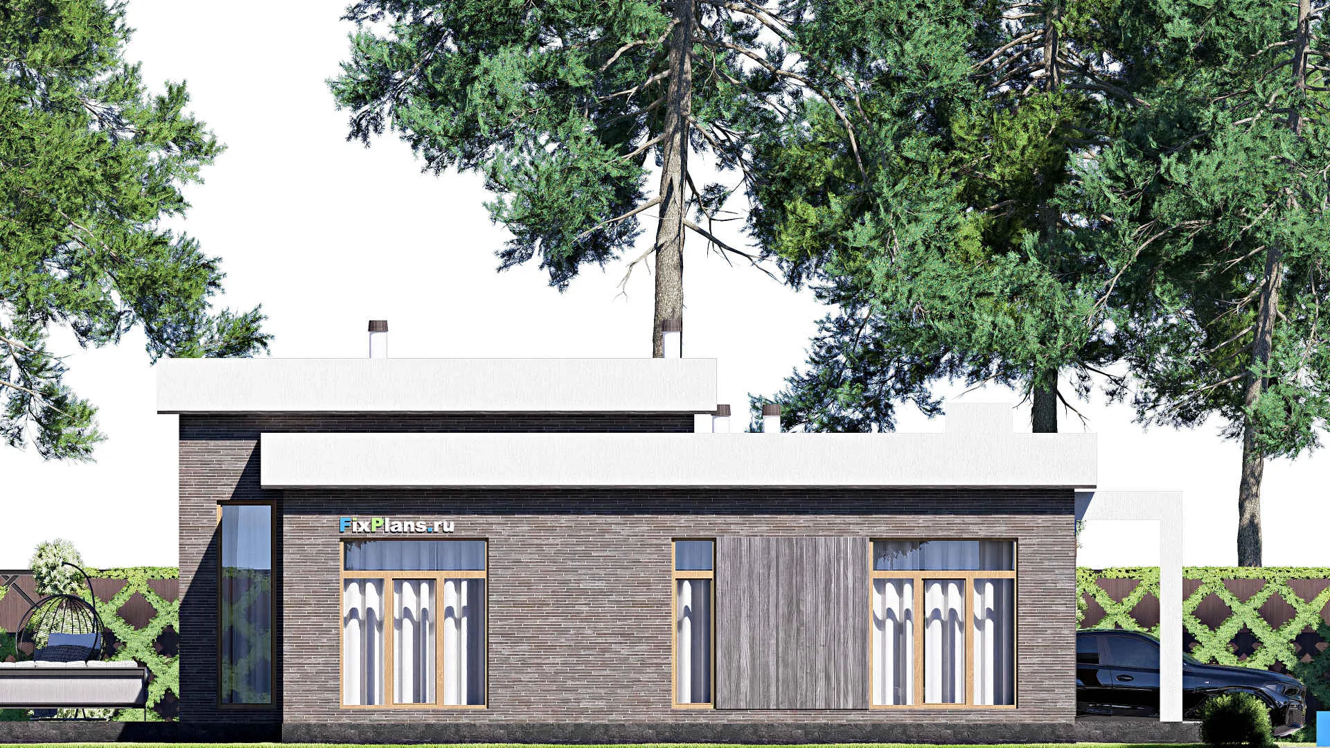 F-19601 - Проект одноэтажного дома 18 на 19, площадью 220 м² с террасой и 4 спальнями