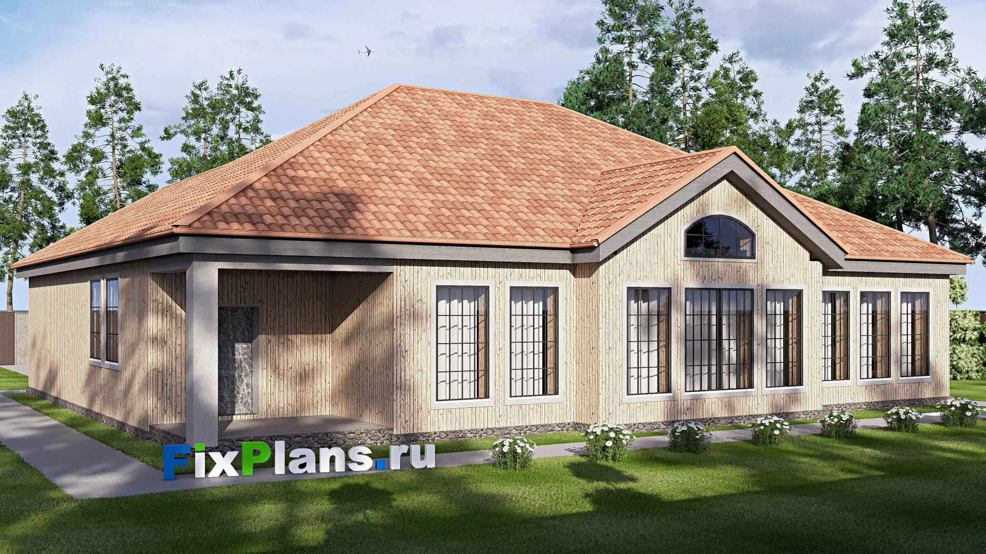 F-20150 - Проект одноэтажного дома 18 на 20, площадью 270 м² с террасой, гаражом на 2 машины и 2 спальнями