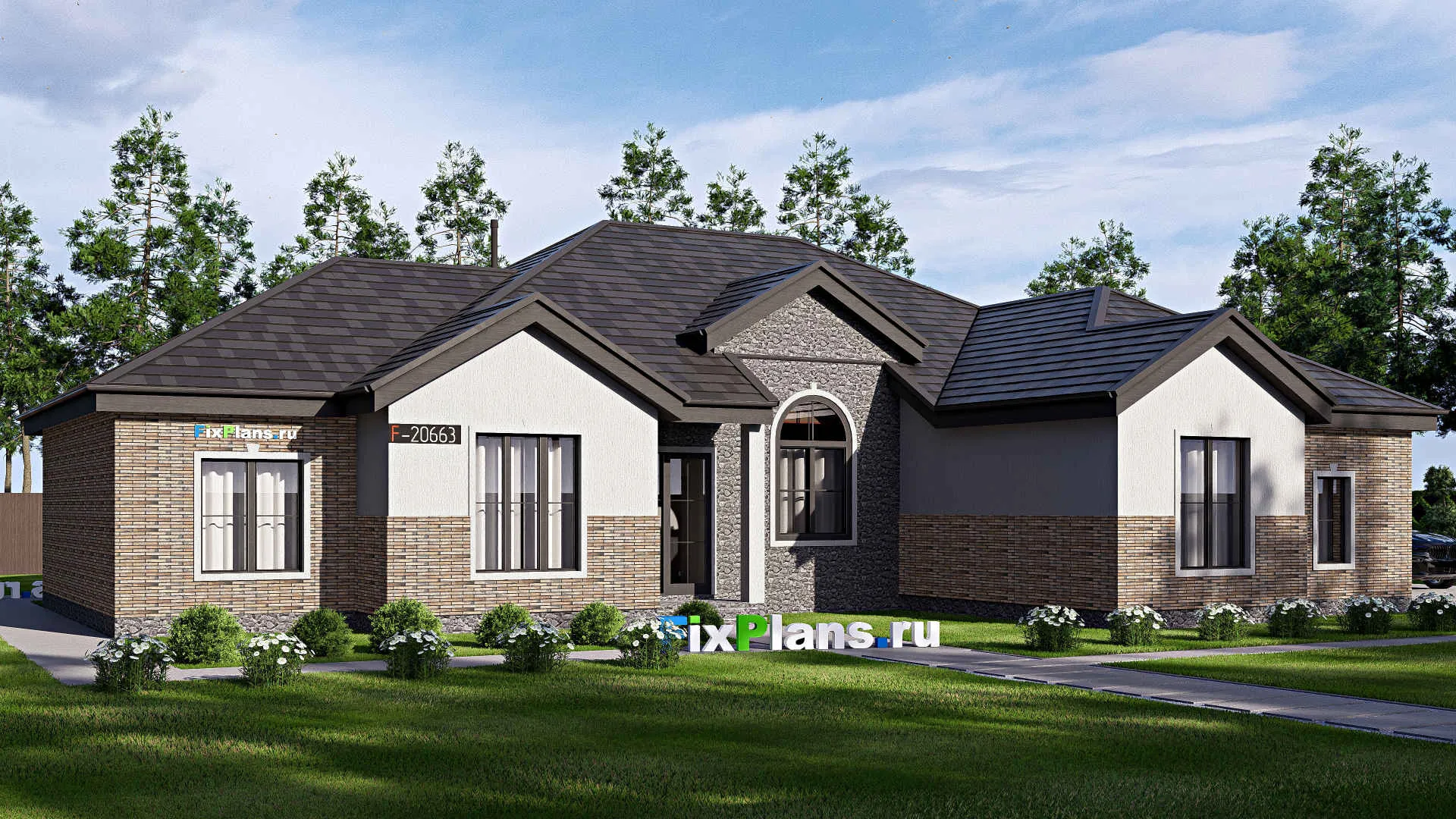 F-20663 - Проект одноэтажного дома 20 на 22, площадью 270 м² с террасой, гаражом на 2 машины и 4 спальнями