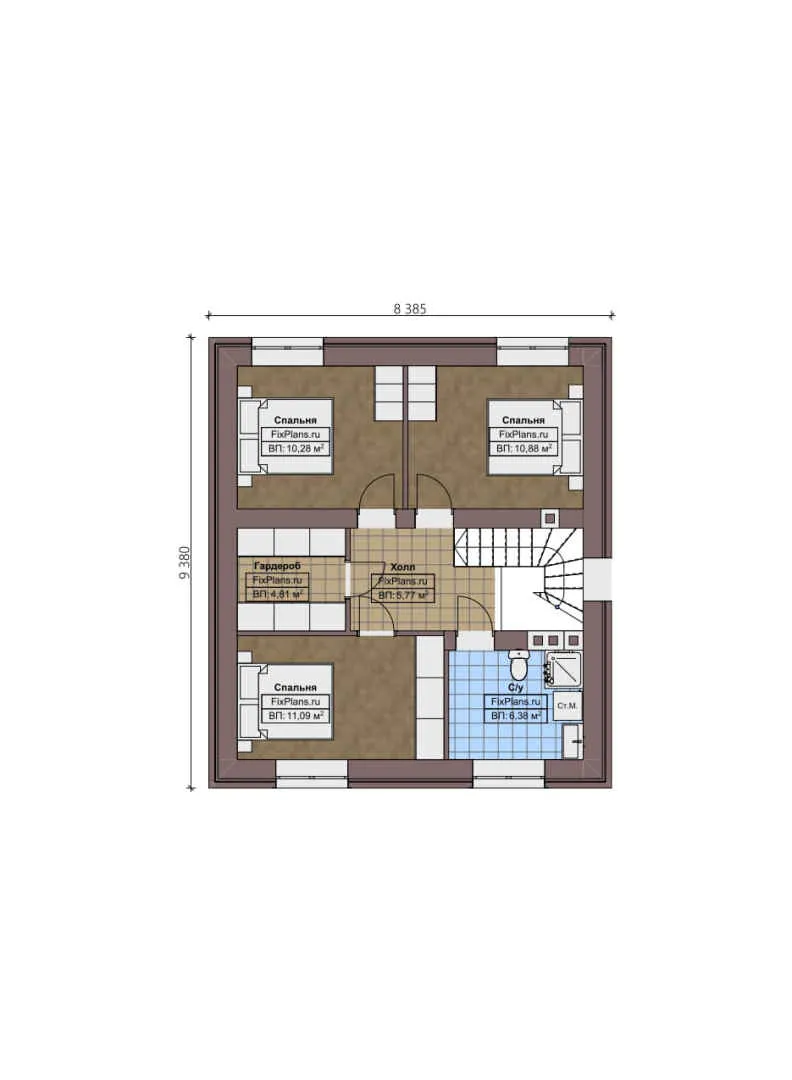 F-2159 - Планы двухэтажного дома 9 на 10, площадью 140 м² с террасой, баней и 3 спальнями
