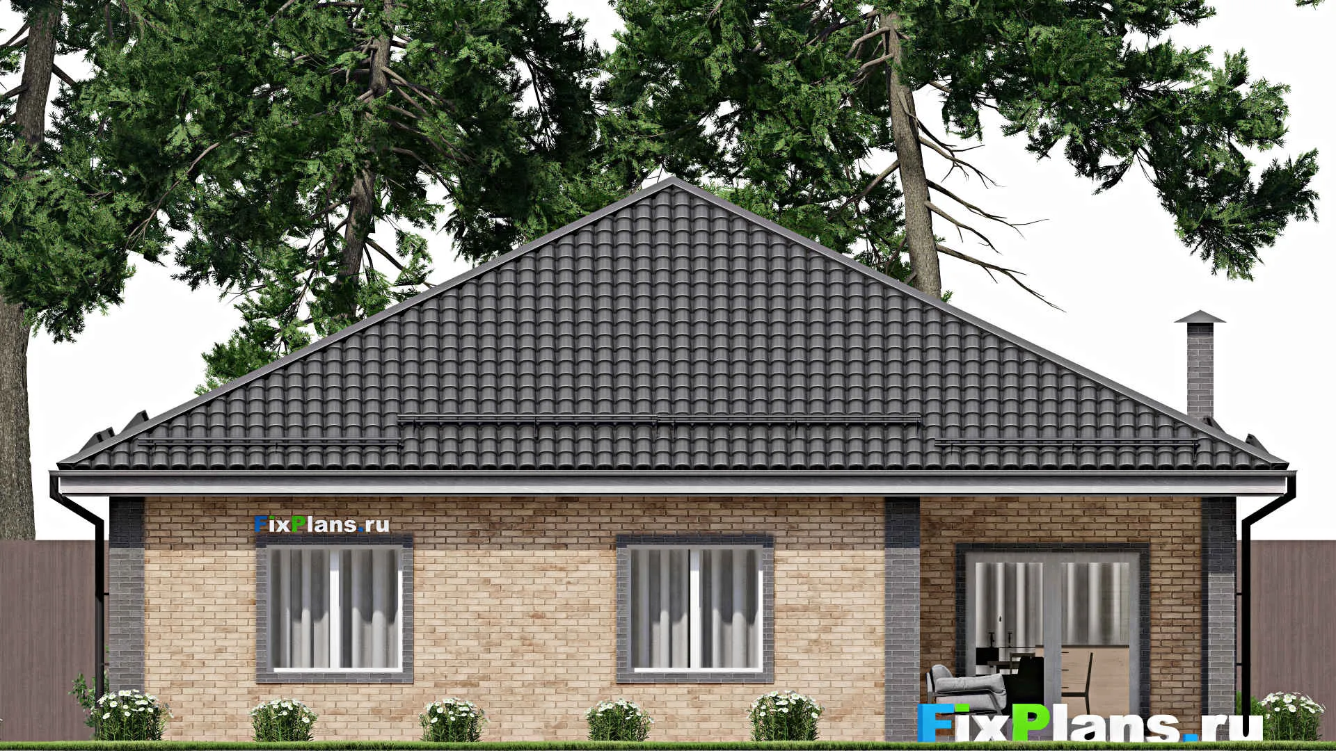 F-4031 - Проект одноэтажного дома 13 на 17, площадью 160 м² с террасой, гаражом на 1 машину и 3 спальнями