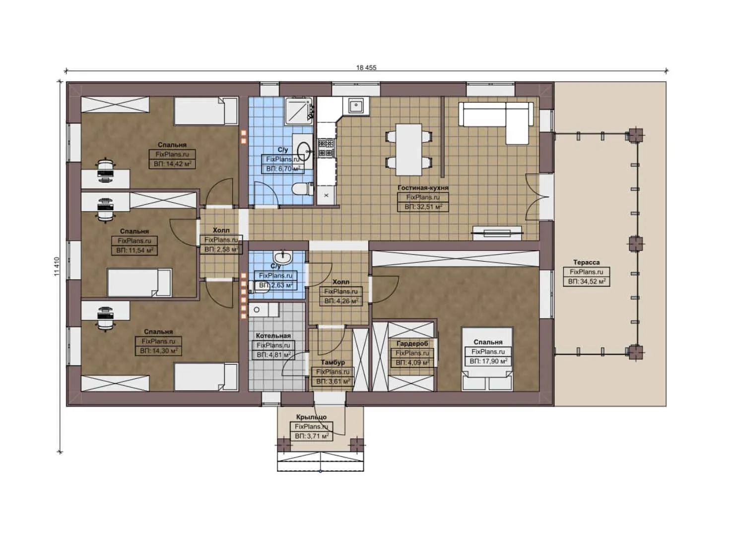 F-8414 - План одноэтажного дома 12 на 15, площадью 160 м² с террасой и 4 спальнями