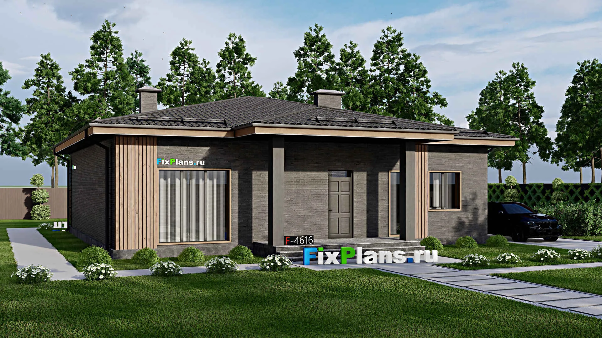 F-4616 - Проект одноэтажного дома 14 на 15, площадью 170 м² с террасой и 3 спальнями