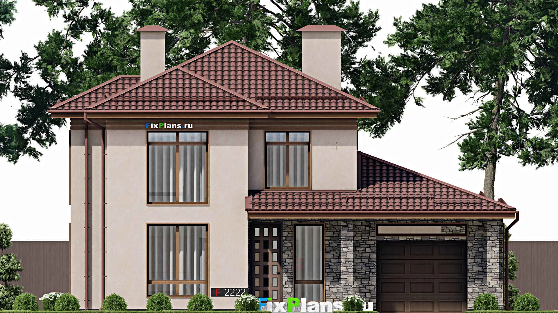 F-2222 - Проект двухэтажного дома 12 на 15, площадью 200 м² с террасой, гаражом на 1 машину и 5 спальнями