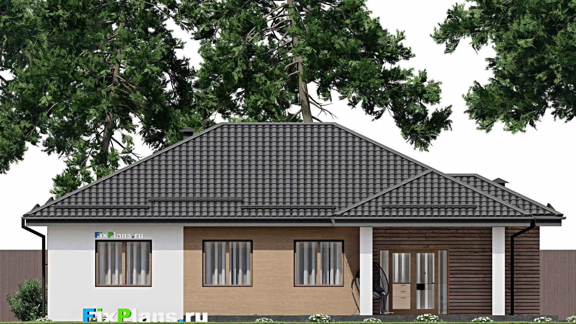 F-3716 - Проект одноэтажного дома 12 на 16, площадью 180 м² с террасой и 4 спальнями