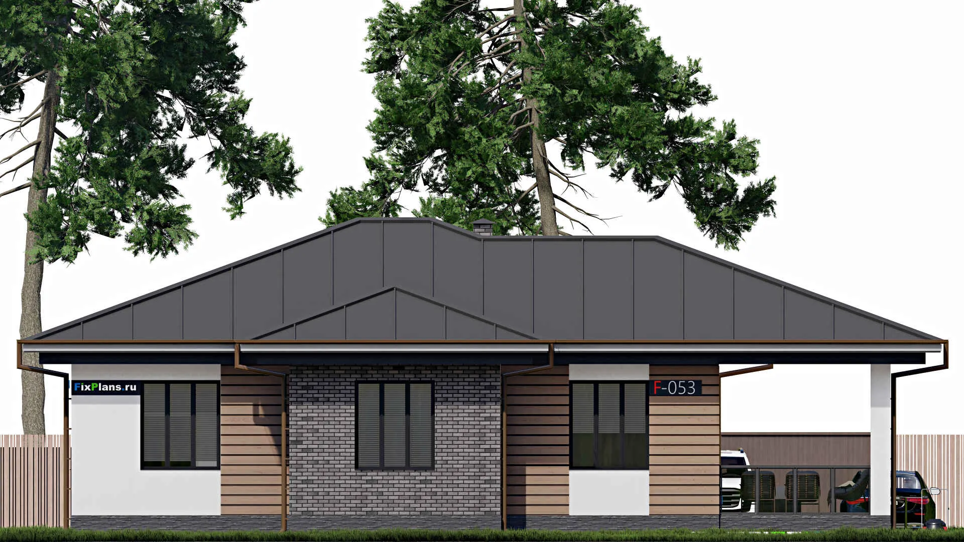 F-0053 - Проект одноэтажного дома 16 на 17, площадью 180 м² с террасой и 5 спальнями