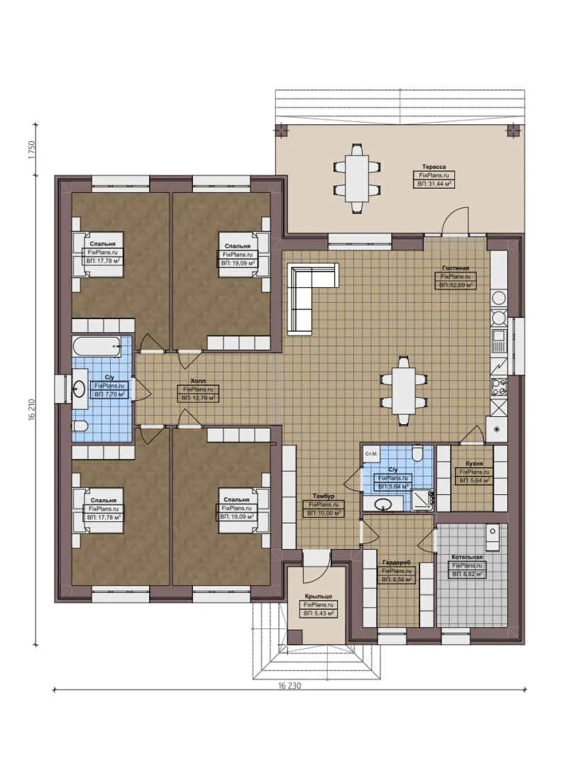 F-1925 - План одноэтажного дома 17 на 17, площадью 230 м² с террасой и 4 спальнями