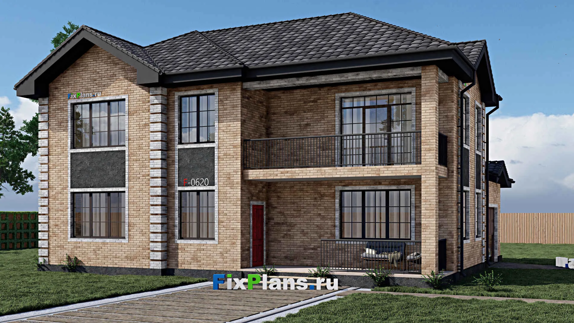 F-0620 - Проект двухэтажного дома 13 на 15, площадью 270 м² с террасой, балконом, гаражом на 1 машину и 4 спальнями