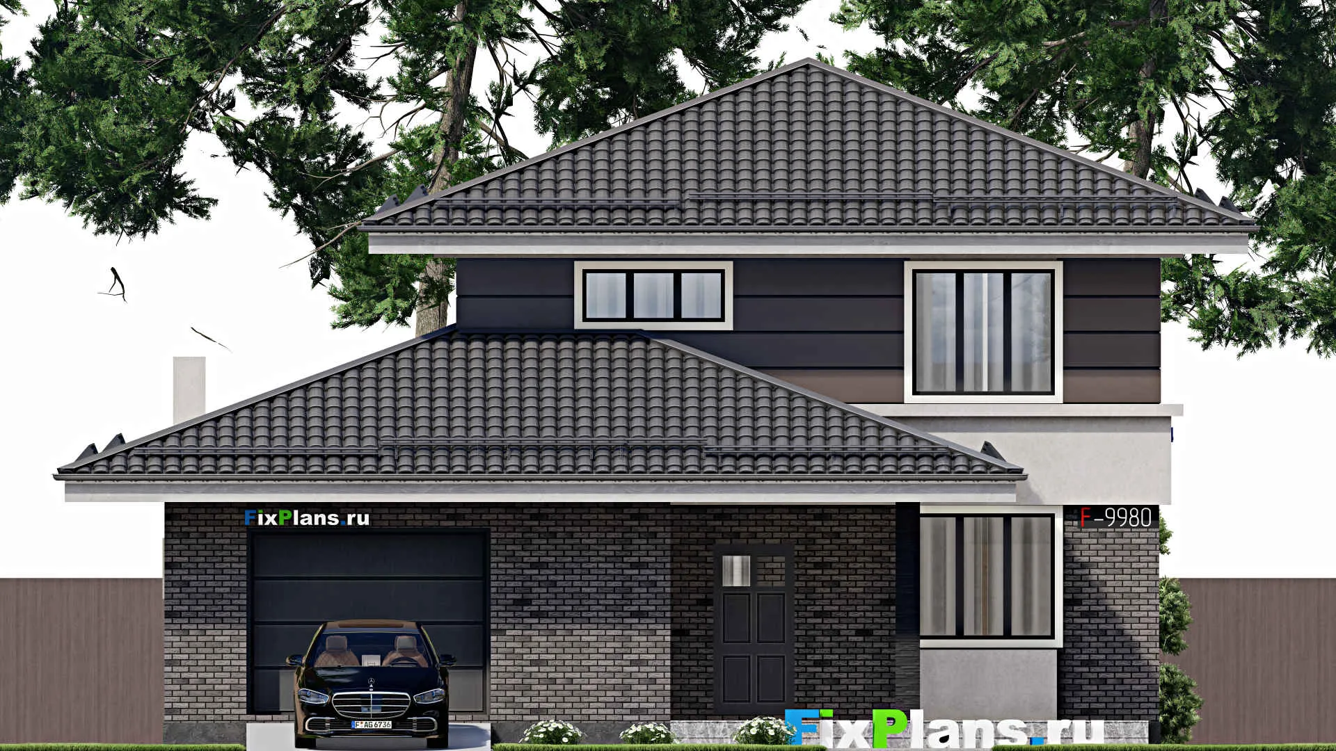 F-9980 - Проект двухэтажного дома 13 на 13, площадью 250 м² с гаражом на 1 машину и 5 спальнями